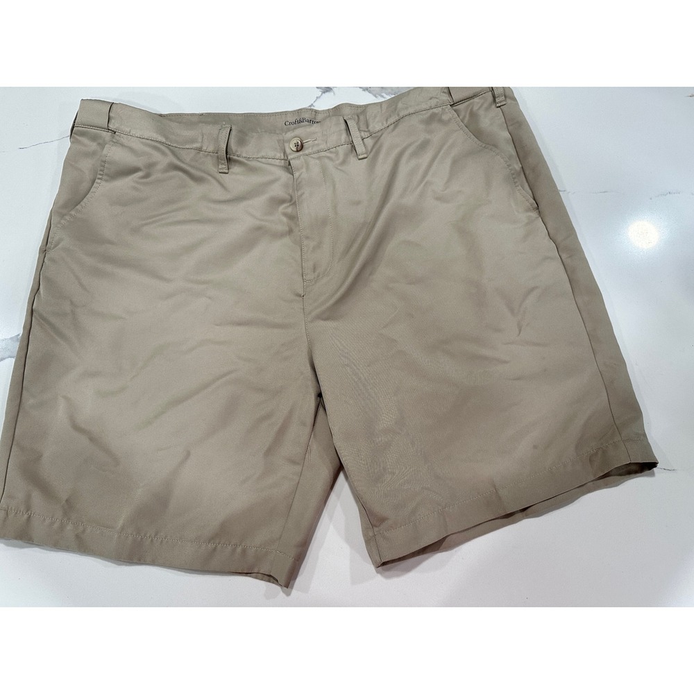 Croft & Barrow Mens Khaki Tan Flat Front Chino Shorts Size 48 Polyester Casual